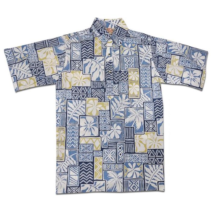 Go Barefoot Antique Hibiscus Navy Cotton Men's Hawaiian Shirt , M