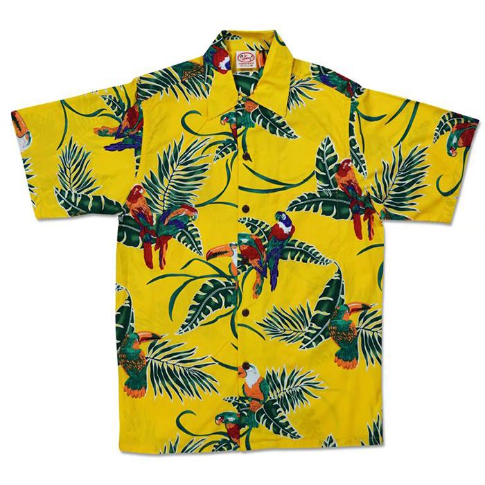 Go Barefoot Tropical Birds Mens Hawaiian Aloha Shirt in Yellow