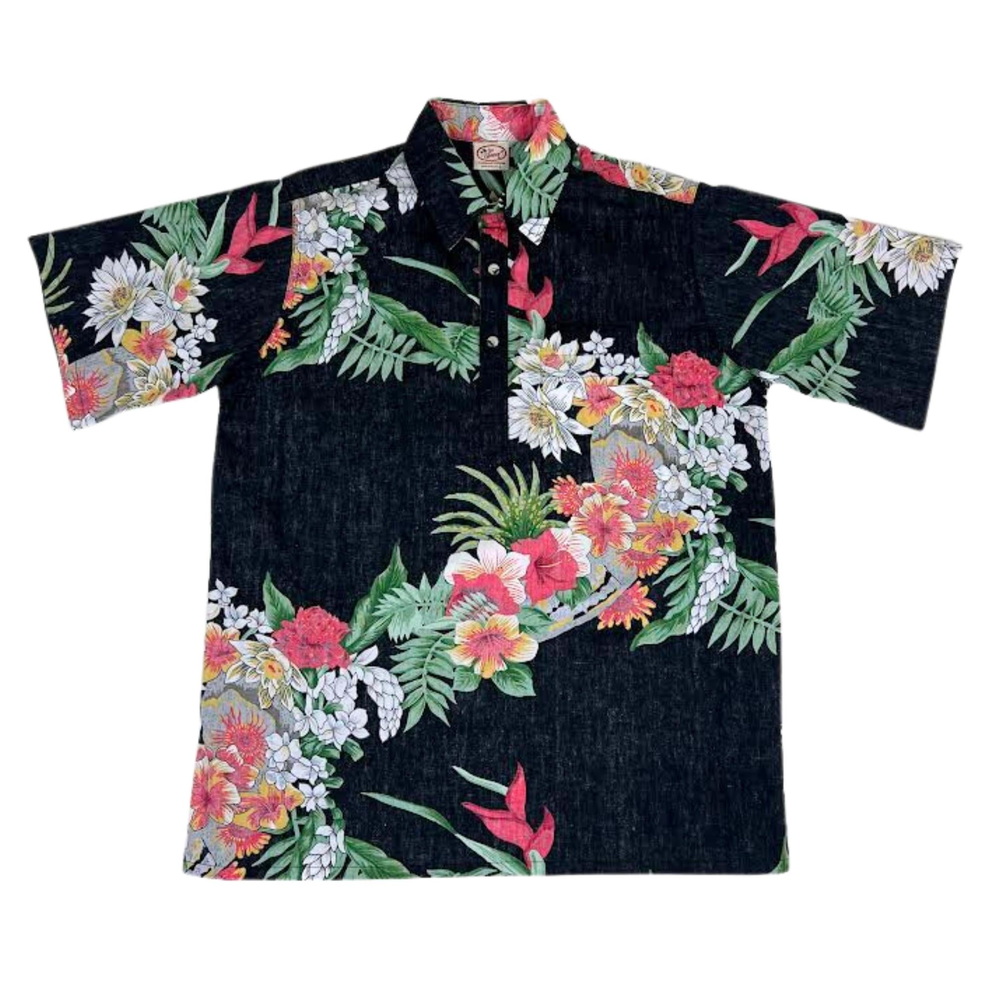 Go deals Barefoot Floral Flower Orchid Palm Trees Clouds Island Hawaiian Aloha Shirt M