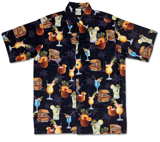 Go Barefoot Antique Hibiscus Navy Cotton Men's Hawaiian Shirt , M